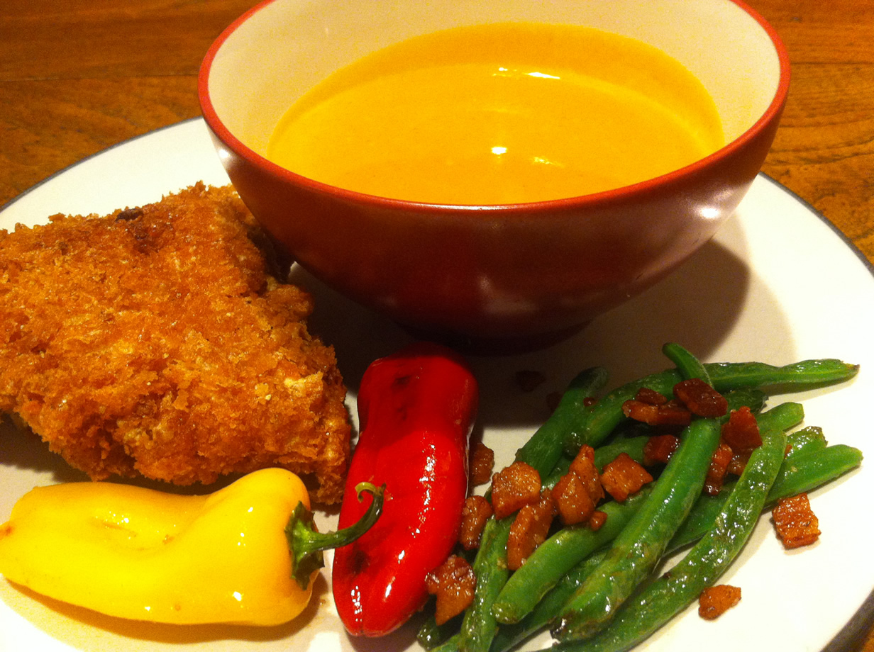 fried chicken, soup, vegetables